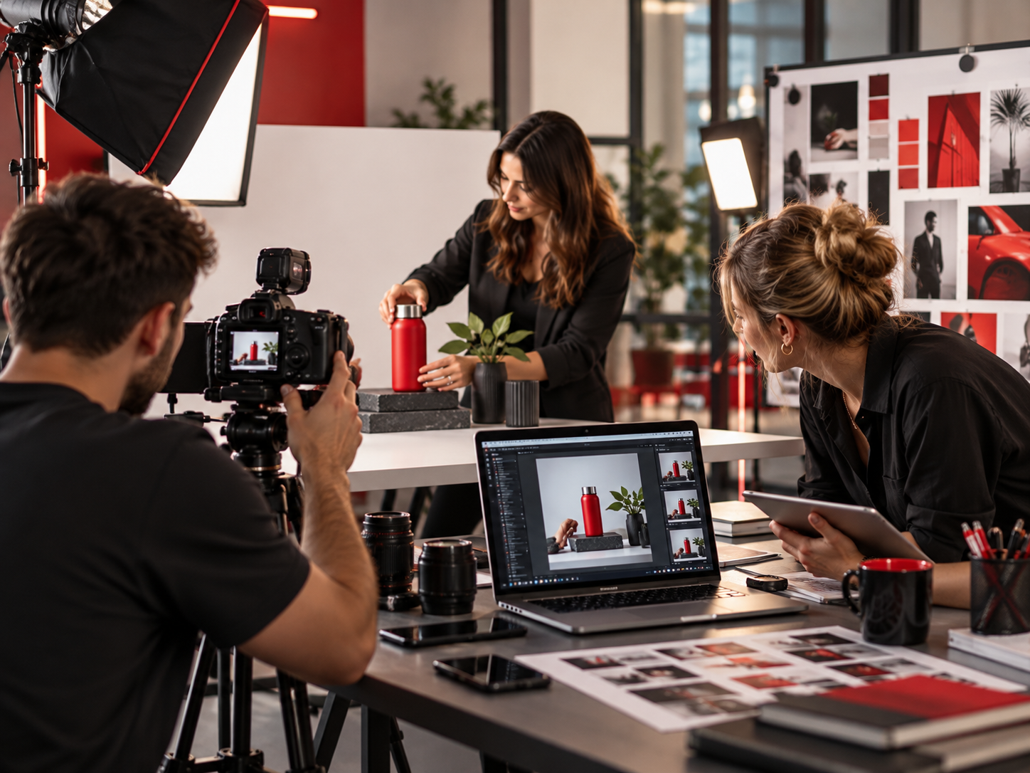 Content-Produktion in einem Kreativstudio mit Kamera, Lichtsetup und Produktinszenierung.
