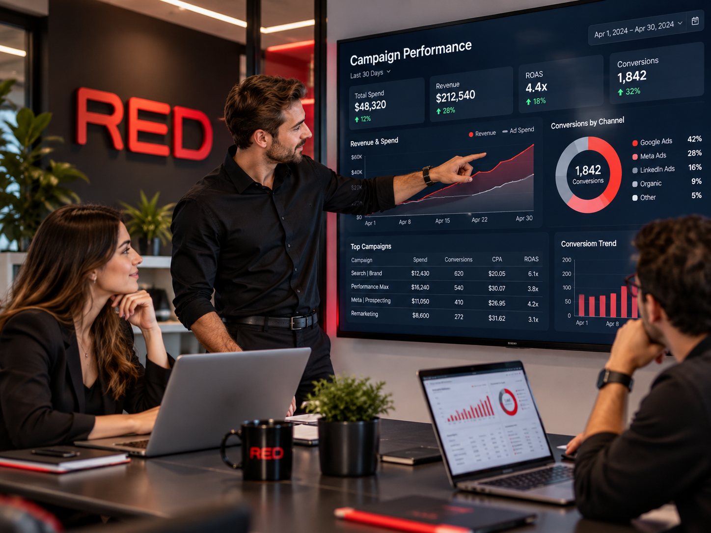 Marketing-Team analysiert Kampagnen-Performance auf einem großen Dashboard in einem Konferenzraum.
