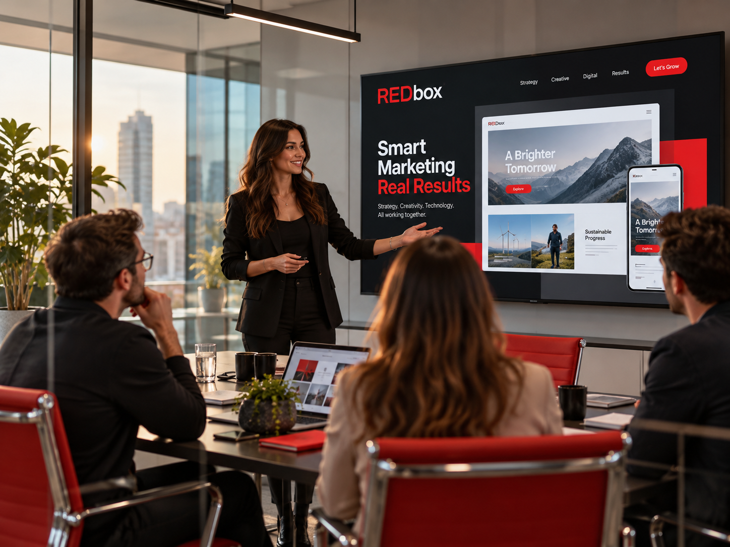 Präsentation eines REDbox Web- und Marketingkonzepts vor einem Team in einem modernen Besprechungsraum.