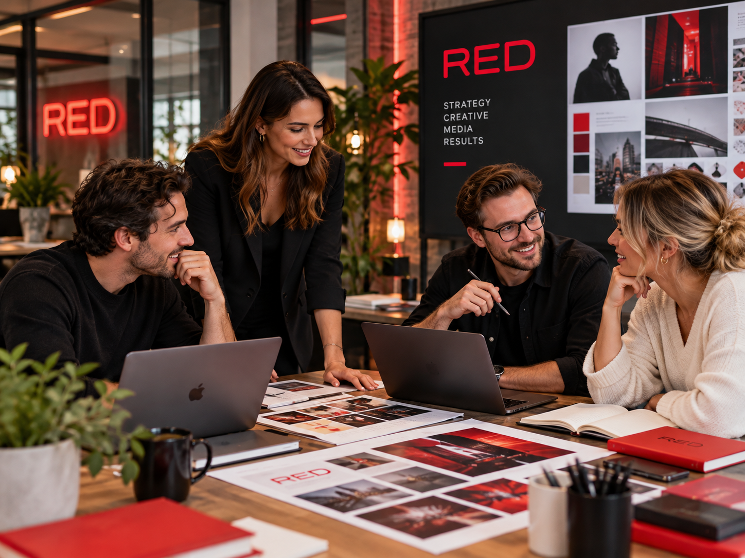 Kreatives Strategie-Meeting in einer modernen Agentur mit Moodboards, Laptops und REDbox Farbwelt.